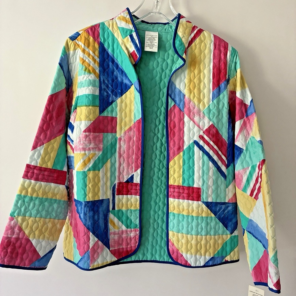 Alfred Dunner Quilted Jacket Women Sz 10 Open Front Bright Geometric Grannycore
